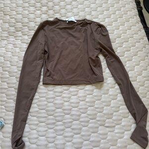 Zara Tan Long Sleeve Fitted Crop Blouse